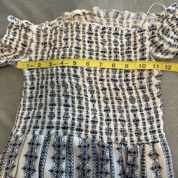 Altard State WHITE BLUE Rayon Maxi Dress Cinch Top Off Shoulder Slit Sz Med - Picture 8 of 9